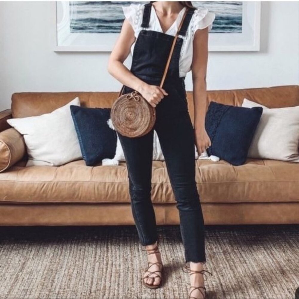 Madewell Black Distressed Denim Lunar Overalls Medium Raw Hem Skinny Cotton